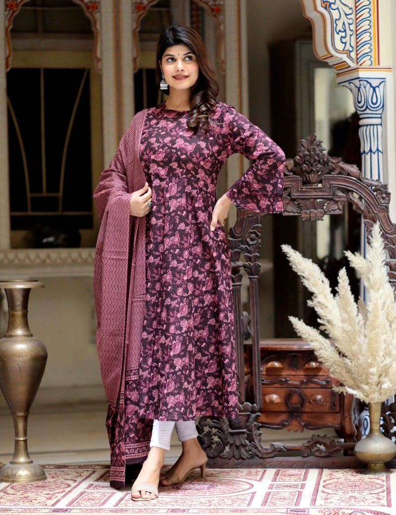 Miravan Maroon Floral Printed Anarkali Kurta with Dupatta for Women - Image 4